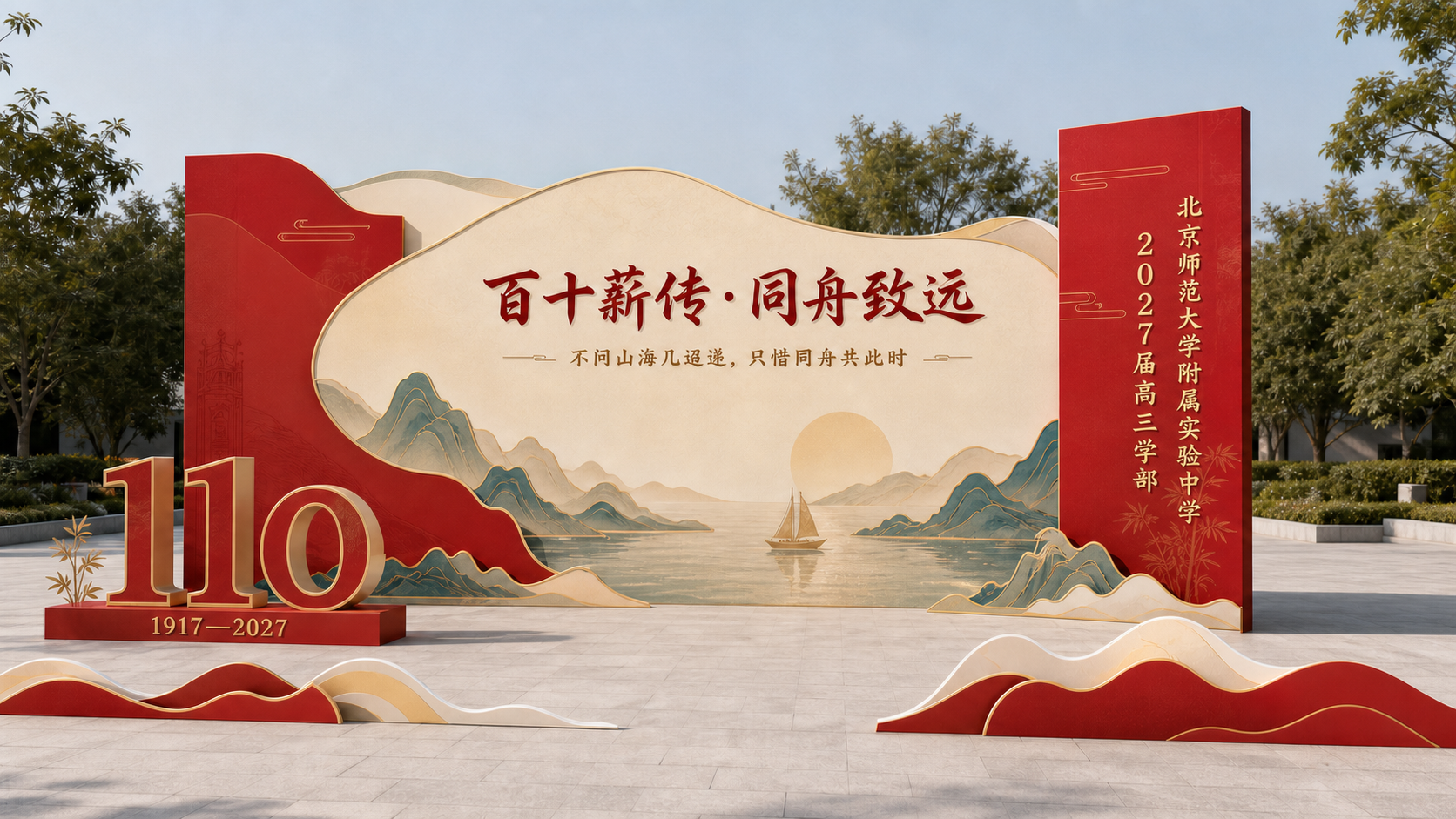 勤肃楼前组合式主题合影区效果图
